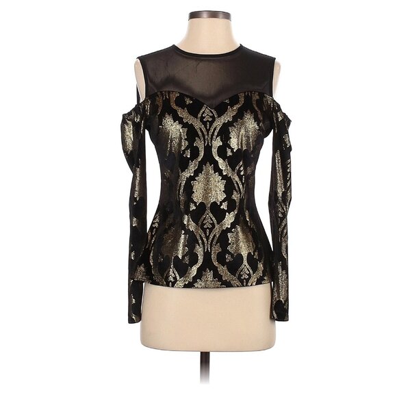 Boston Proper‎ Black Gold Velvet Metallic Cold Shoulder Top Size XS Velour Mesh - Picture 1 of 6